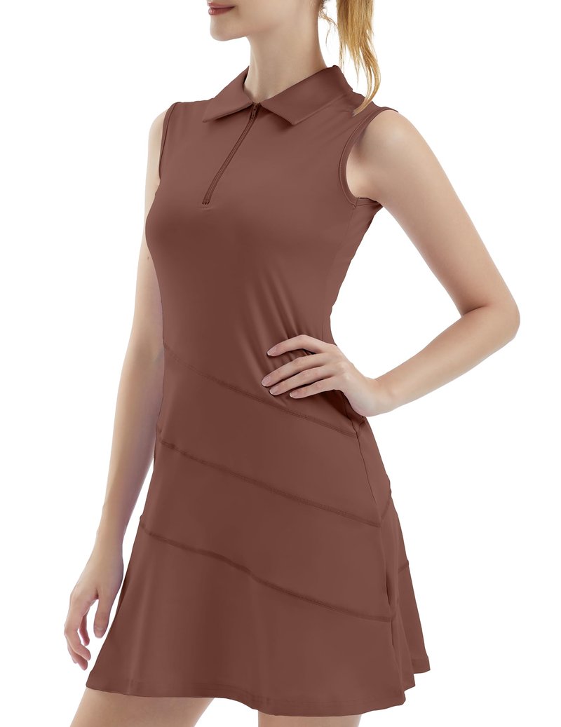 FKEEP Women's Tennis Golf Dresses Zipper V-Neck Sport Activewear with Shorts and Pocket Workout Athletic (Brown, XS)