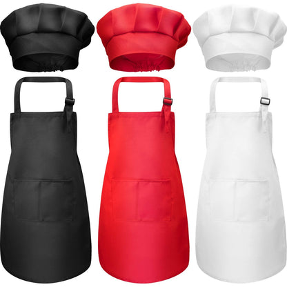 CHENGU 6 Pcs Kids Apron and Chef Hat Set Adjustable Child Apron with 2 Pockets for Boys Girls Toddler Cooking Baking Painting Kitchen, Red, Black, White(Large,Color 1)