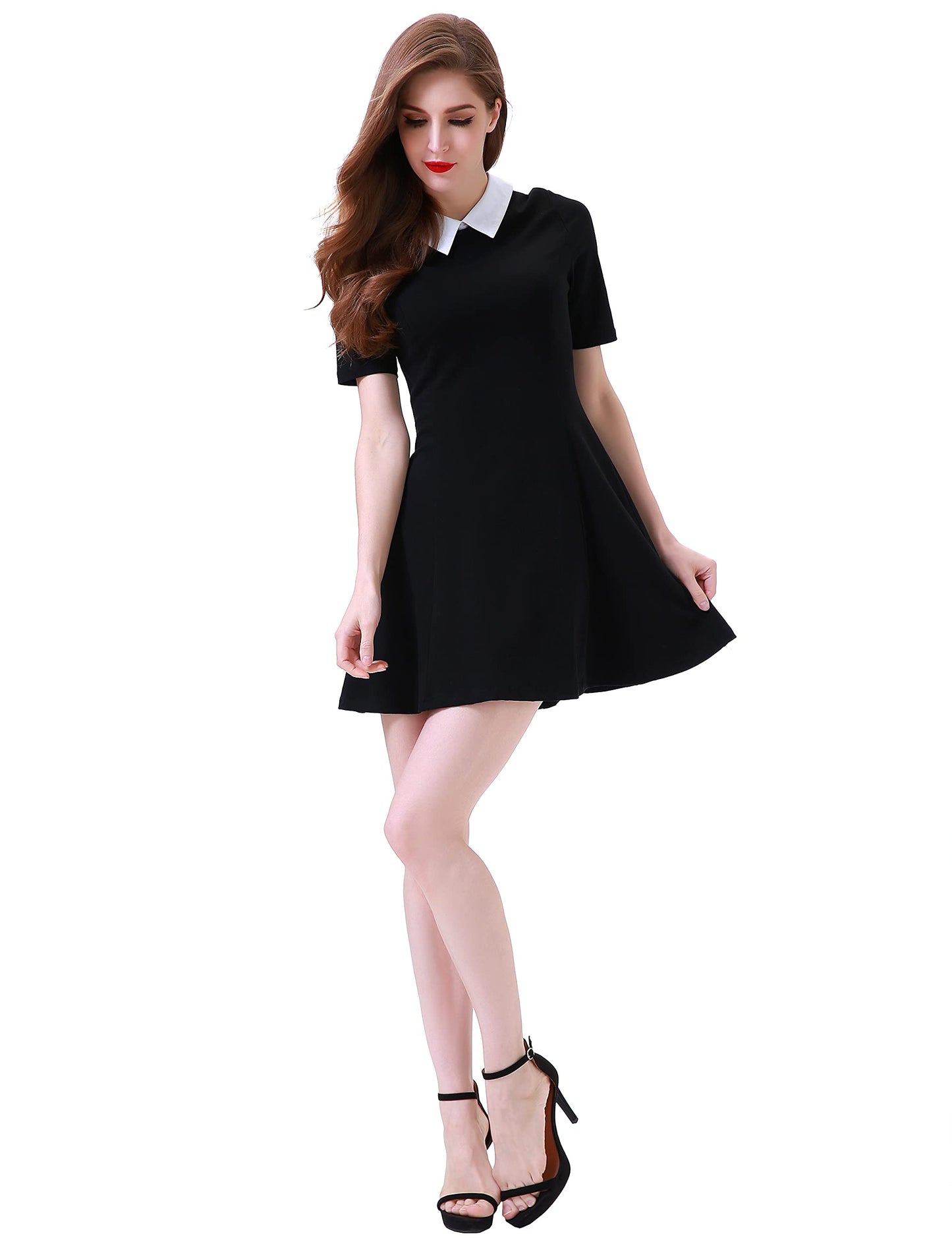 Aphratti Women's Short Sleeve Peter Pan Collar Cute Skater Dress Fit and Flare A-Line Casual Dresses Black Large
