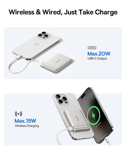 Baseus Picogo Power Bank, Smallest 5000mAh Magnetic Portable Charger with Stand, Qi2 Certified 15W Ultra-Mini MagSafe Battery Pack, Alloy Wireless Travel Fast Charger for iPhone 17/16 Series(Grey)