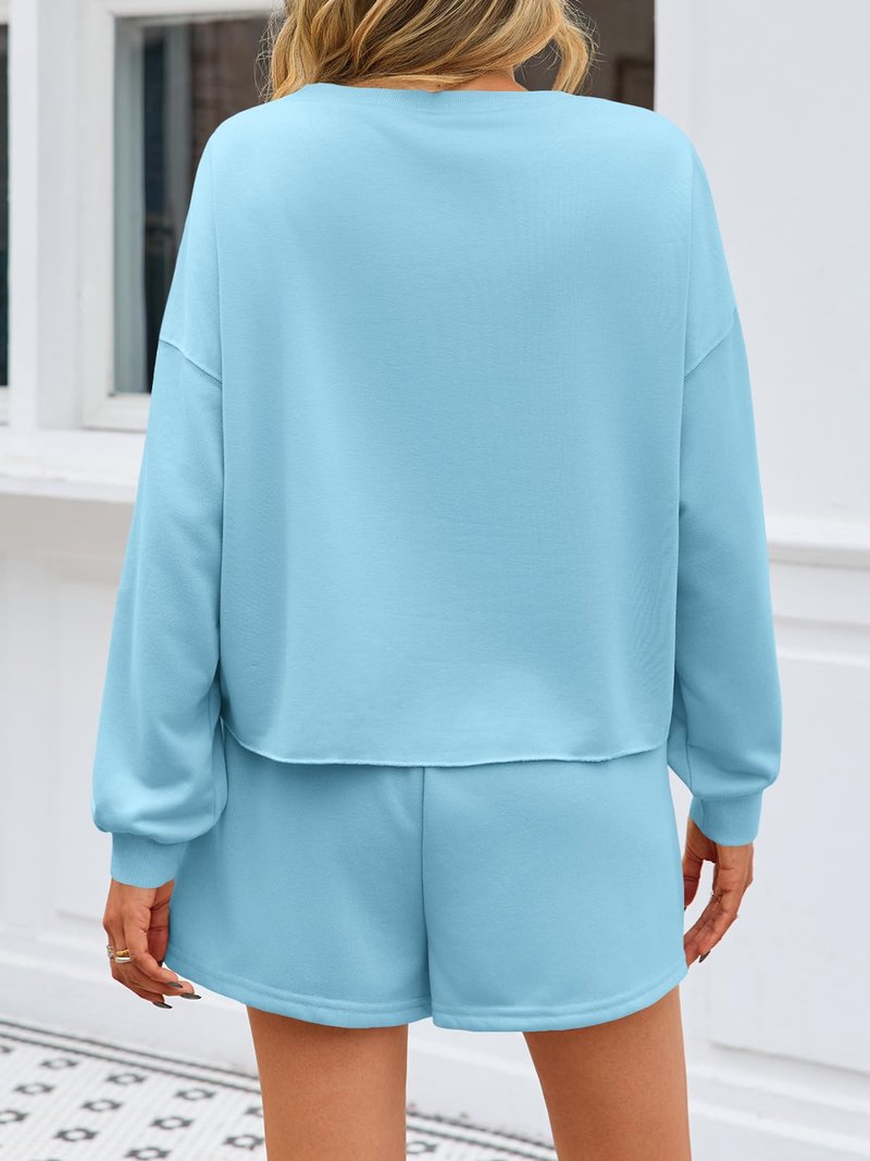 Fisoew Womens Casual 2 Piece Outfits Long Sleeve Pearl Sweatshirt and High Waisted Skort Shorts Fall Sets