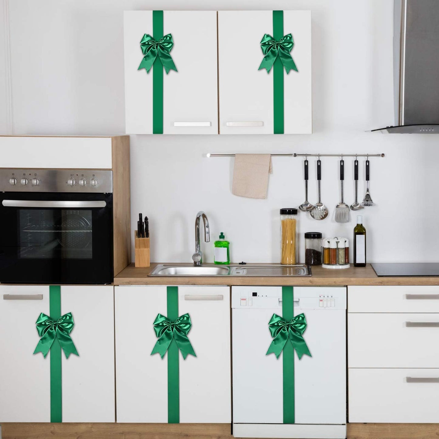 WILLBOND 4 Pcs Green Christmas Cabinet Ribbons Bows Large Green Bow Christmas Door Kitchen Cabinet Ribbon Bows Locker for Xmas Holidays Party Decorations Supplies