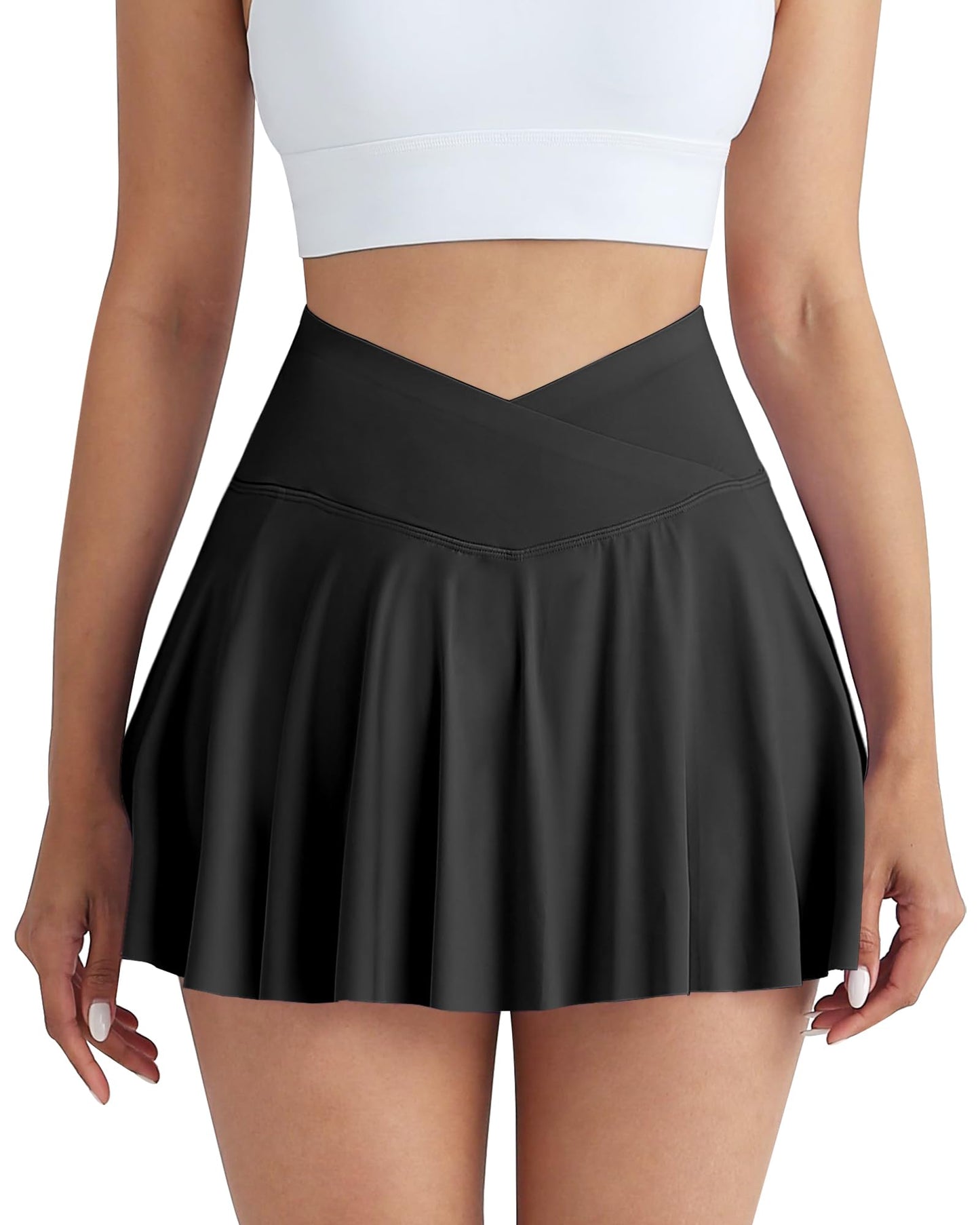 CHRLEISURE Women Tennis Golf Skirt with Pockets - High Waisted Crossover Golf Pleated Athletic Workout Dress Running Skort(AMZ70,Black,M)