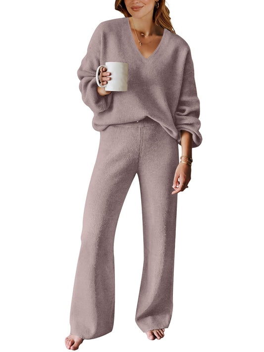 ANRABESS Women 2 Piece Outfits Sweater Lounge Sets Long Sleeve Cable Knit Pullover and Wide Leg Pants Tracksuit Matching Set Medium