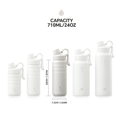 IDEUS Insulated Stainless Steel Water Bottle with 2 Leak-Proof Lids, Thermal Water Flask for Hiking Biking, 24oz, White