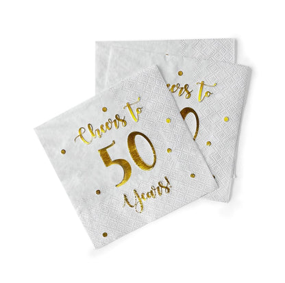 Cheers to 50 Years Cocktail Napkins | Happy 50th Birthday Decorations for Men and Women and Wedding Anniversary Party Decorations | 50-Pack 3-Ply Napkins | 5 x 5 inch folded (White)