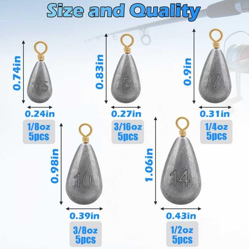 Fishing Weights Sinkers Kit, 25pcs 5 Sizes Bass Casting Drop Shot Weights Lead Fishing Weights for Catfish Saltwater Freshwater