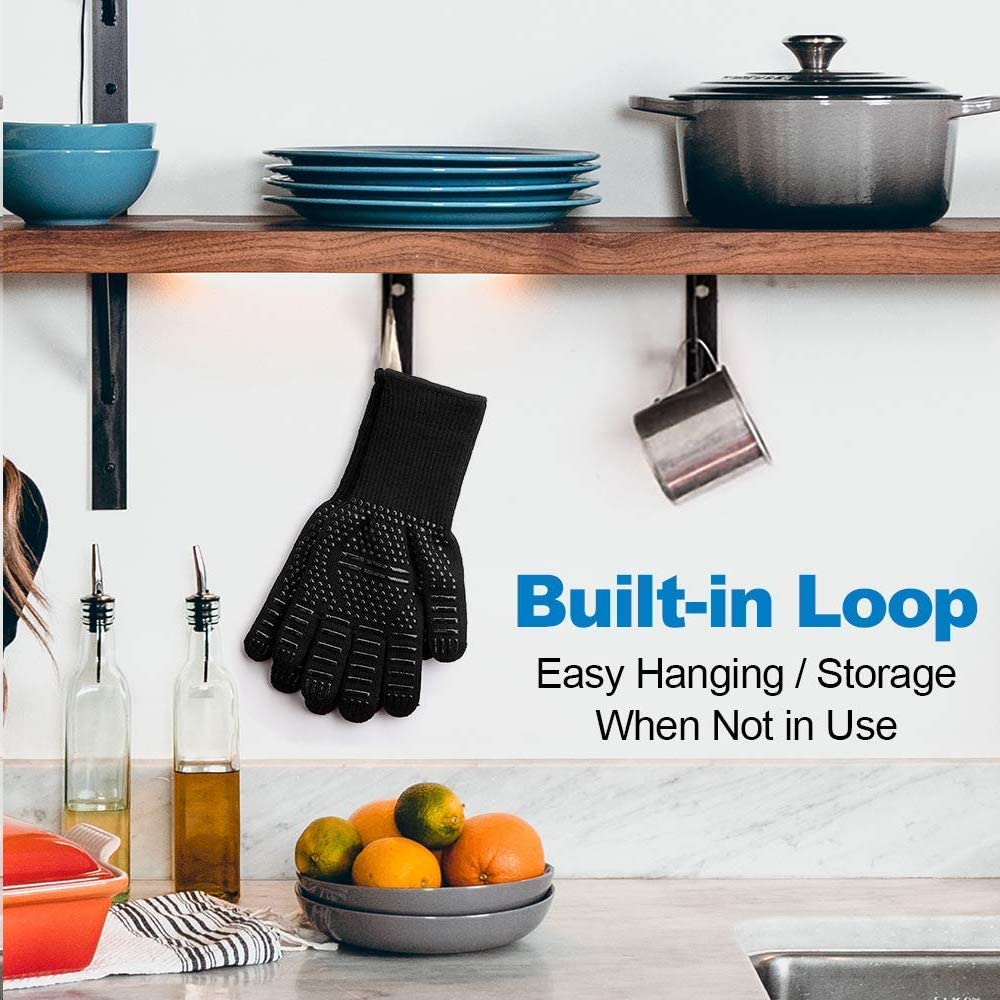 Heat Resistant BBQ Gloves for Hot Temperature Cooking, Barbecue Grilling or Baking Bread Pizza, Safe Oven Mittens with Fingers