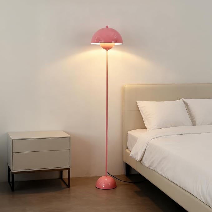 SUNLLOK Flower Pot Floor Lamp for Living Room, Metal Dome Lampshade Standing Floor Lamp with Foot Switch, Modern Reading Floor Light Fixture for Kitchen Island, Bedroom, Restaurant (Pink)