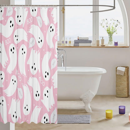Feelyou Pink Halloween Bath Curtain 72"x72" Cartoon Pink Ghost Shower Curtain for Kids Kawaii Cute Bathroom Shower Curtain Set Polyester Kids Bathroom Accessories