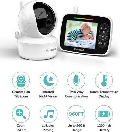 Baby Monitor - 3.5 inch Large Display Video Baby Monitor with Camera and Audio,Remote Pan/Tilt/Zoom, 1200 mAh Battery, Night Vision, Two Way Talk, Smart Temperature,Lullabies,960ft Long Range