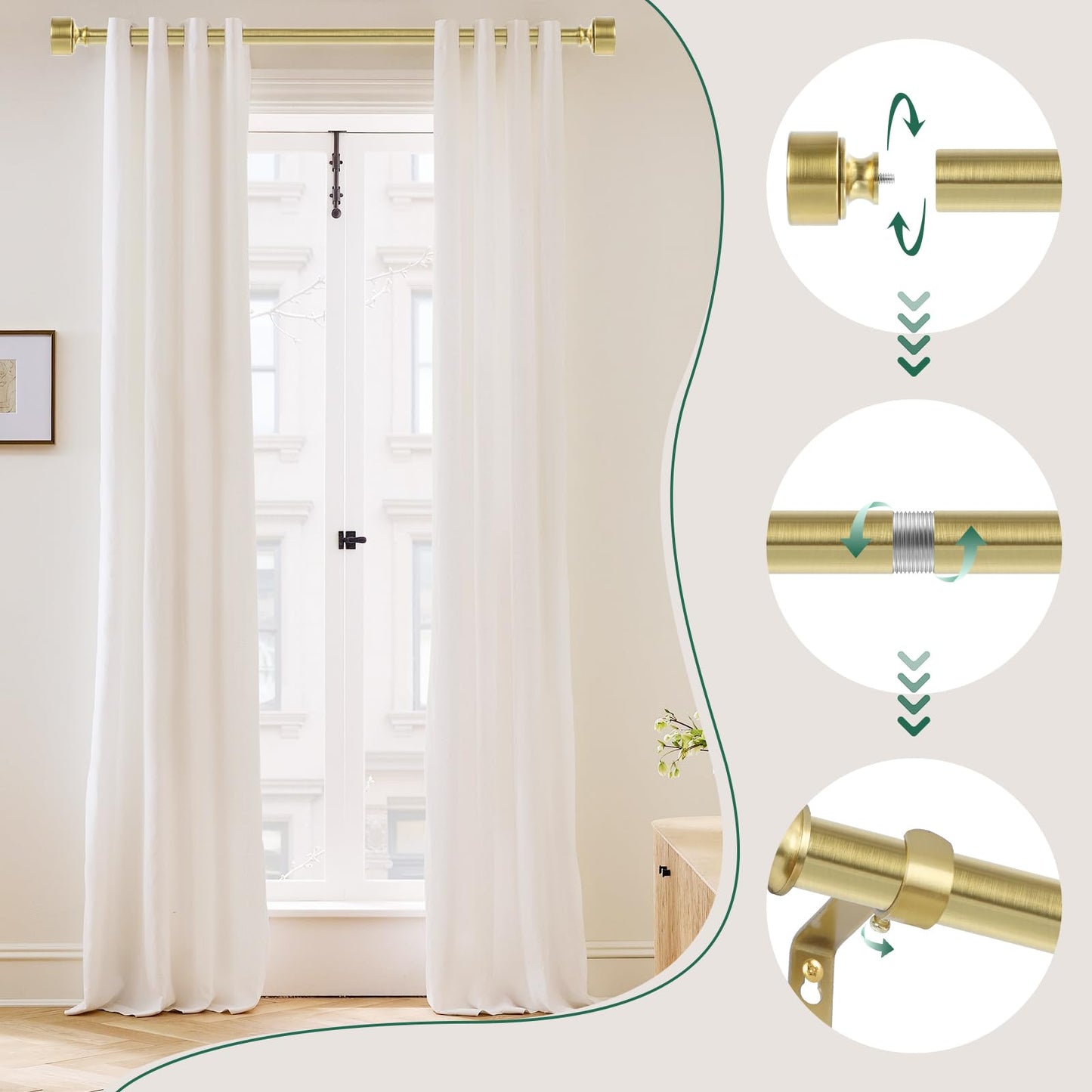Gold Curtain Rods for Windows 28 to 48 Inch(2.3-4ft), 1 Inch Diameter Heavy Duty Curtain Rod, Adjustable Decorative Drapery Poles 18-45", Brushed Gold