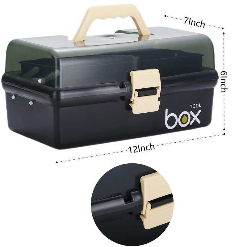 Kinsorcai 12'' Three-Layer Clear Plastic Storage Box/Tool Box, Multipurpose Organizer and Portable Handled Storage Case for Art Craft and Cosmetic (Black)