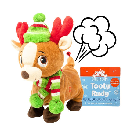 Cuddle Barn | Tooty Rudy - Farting Reindeer Toy | Christmas Plush Walks, Shakes Tail, Makes Fart Noises - Sings We Wish You a Smelly Christmas | White Elephant Gift for Adults, Teens, Kids - 10 Inches