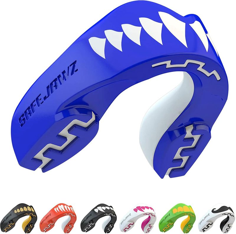SAFEJAWZ Mouth Guard, Dual Layer Mouthguard for Adults with Case, Easy Fit Remoldable Mouthpiece for Football, Boxing, Lacrosse, MMA, Basketball & All Contact Sports (Adult 12+ Years, Shark Blue)