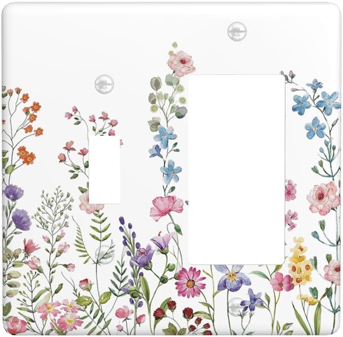 Rustic Wild Floral Vintage Watercolor Flower 2 Gang Combination Light Switch Cover Decorative Toggle Rocker/Decora Wall Plate Electrical Faceplate for Bathroom Kitchen Home Decor