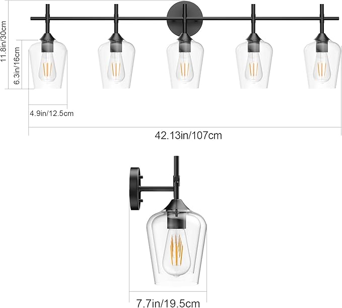 Ralbay Vintage Black Bathroom Vanity Light 5-Lights Industrial Matte Black Finish with Clear Glass Vanity Lights Farmhouse Bathroom Lighting fixtures