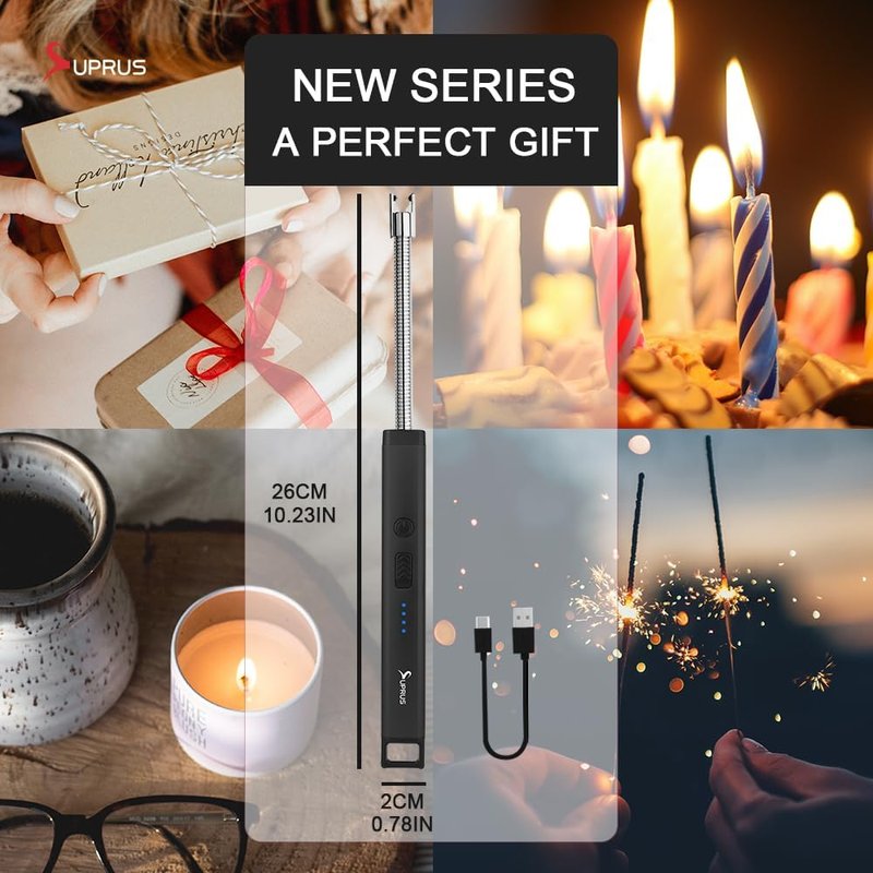 Rechargeable Electric Arc Candle Lighter - Triple Safety Design, Stainless Steel Shell | Black
