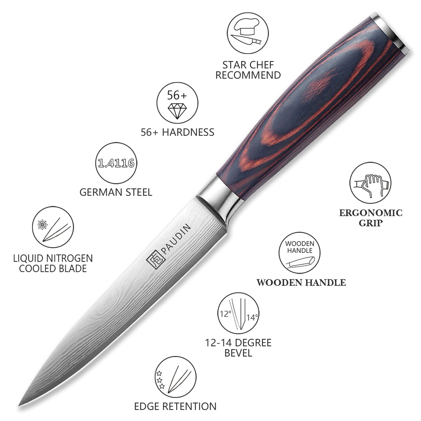PAUDIN Utility Knife, Kitchen Knife 5 Inch, High Carbon Stainless Steel, Multipurpose Paring Knife for Fruit and Vegetable Cutting with Wooden Handle, Premium Gift Box