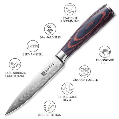 PAUDIN Utility Knife, Kitchen Knife 5 Inch, High Carbon Stainless Steel, Multipurpose Paring Knife for Fruit and Vegetable Cutting with Wooden Handle, Premium Gift Box
