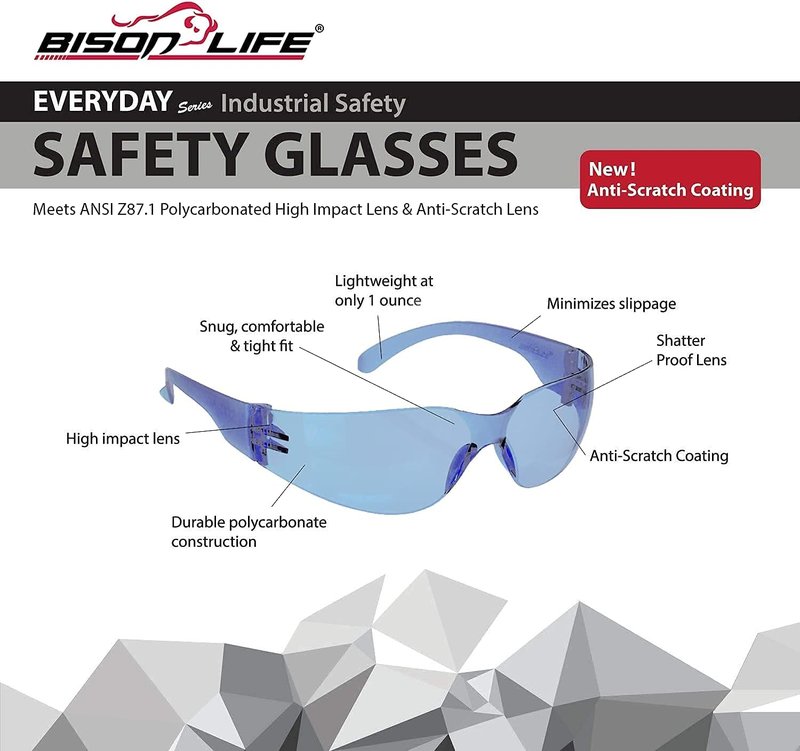 BISON LIFE Clear Safety Glasses - ANSI Z87.1 Scratch & Impact Resistant Eye Protection | Unisex Goggles