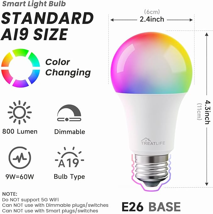TREATLIFE Smart Light Bulbs, UL Certified WiFi Bluetooth Color Changing Light Bulb, A19 LED Smart Bulb Works with Alexa & Google Home, 60W Equivalent 800 Lumen, for Smart Home Lighting