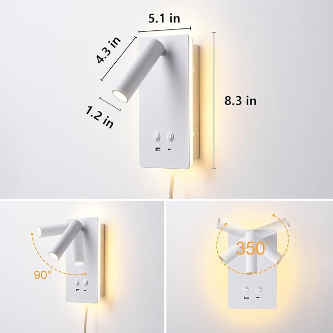 Dimmable Wall Mounted Reading Light for Bed, LED Wall Lamps with USB C+A Ports, Hardwire & Plug in 2 in 1 Wall Sconces with Switch, Eye-Caring Bed Side Lamp with 9W+3W Backlight 3000K (2 Pack)