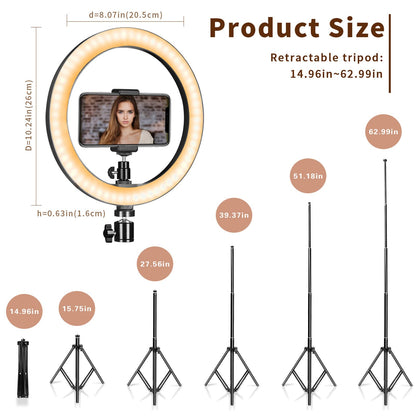 Ring Light 10" with 67" Extended Tripod Stand & Phone Holder for YouTube Video, Camera Led Ring Light for Streaming, Makeup, Selfie Photography Compatible with iPhone Android