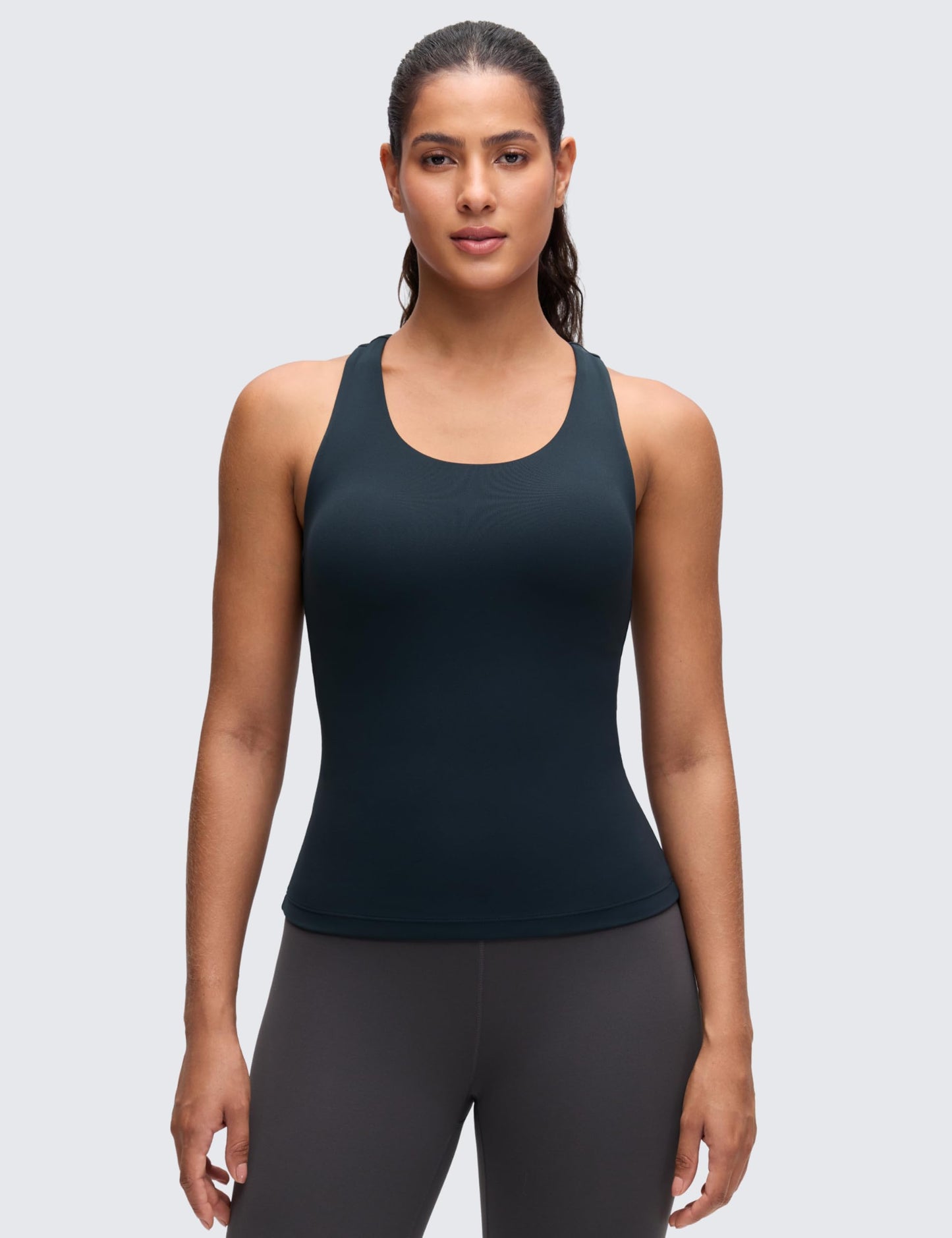CRZ YOGA Butterluxe Workout Racerback Tank Tops for Women - Padded Athletic Spandex Yoga Shirts with Built in Bra True Navy Small