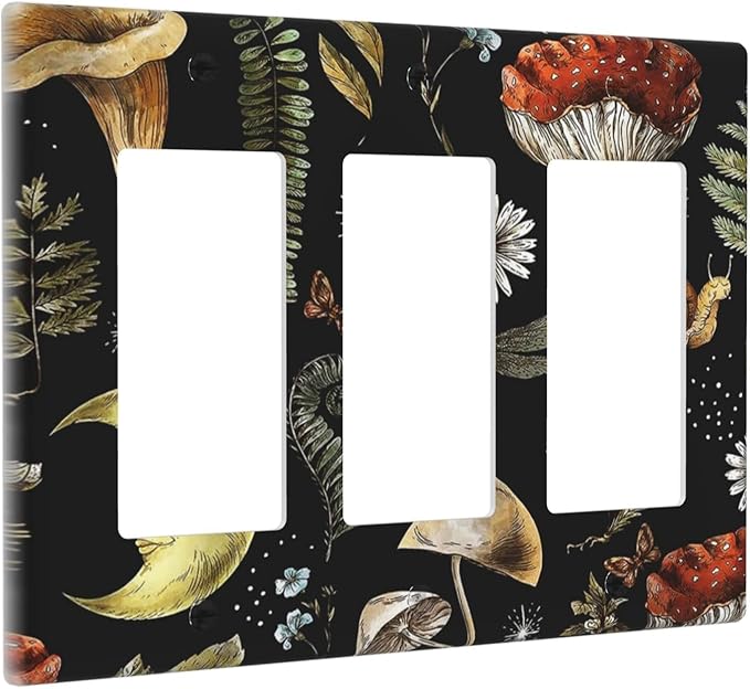 Nature Plant Botanical Daisy Mushroom Snails And Moon Triple Rocker/Decora Wall Plate 3 Gang Light Switch Outlet Cover Plate Decorative Switchplate Electrical GFCI Faceplate for Bedroom Decor