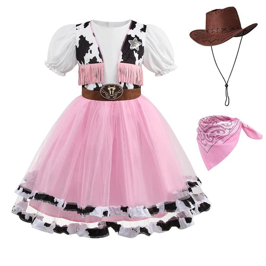 HAPNBCELE Pink Cowgirl Costume for Girls Cow Outfits with Hat Halloween Cosplay (Pink, 11-12 Years)