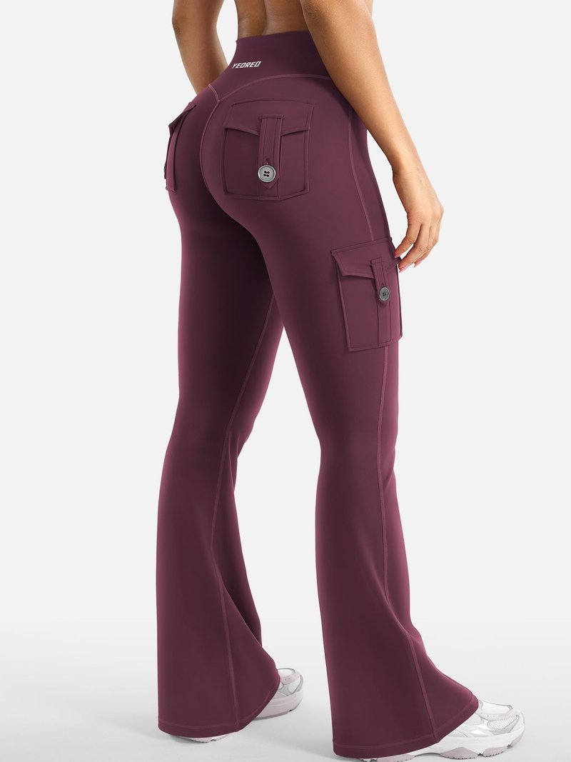 YEOREO CoreFlex Women Workout Flare Leggings with Pockets Hidden Scrunch Cargo Gym Yoga No Front Seam Leggings Black Cherry L
