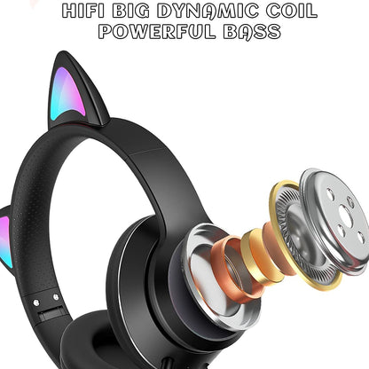 Cat Ear Gaming Headphones Wired AUX 3.5mm with LED Light, VIGROS Flashing Stereo Game Headphones Surround Sound Over-Ear Headsets with Microphone Fit Kids & Adult for PC, PS4, Switch, Mobile, Laptop