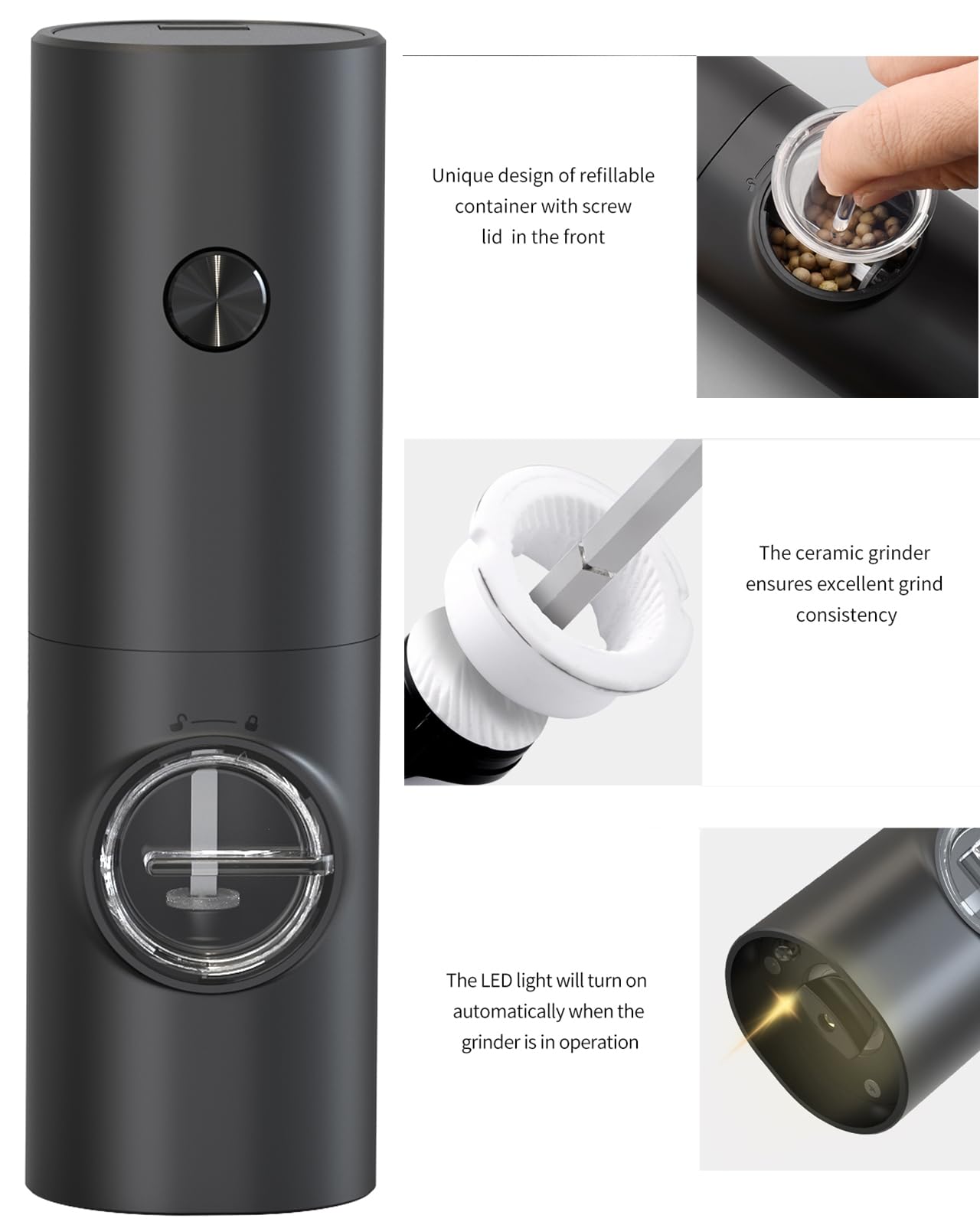 Salt and Pepper Grinder Set, Battery Operated, Pepper Mill with Grinding Indicator Light, 2PCS