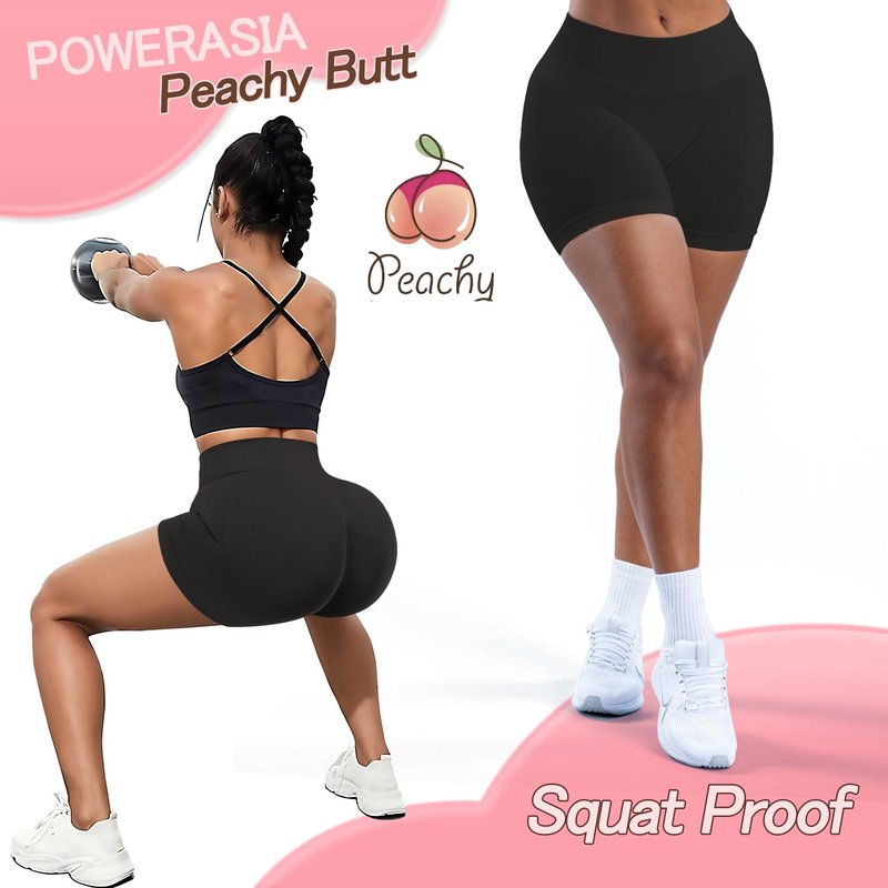 POWERASIA 4.5" Workout Impact Shorts Hidden Scrunch Butt Lifting Gym Booty Biker Shorts for Women Tummy Control Black
