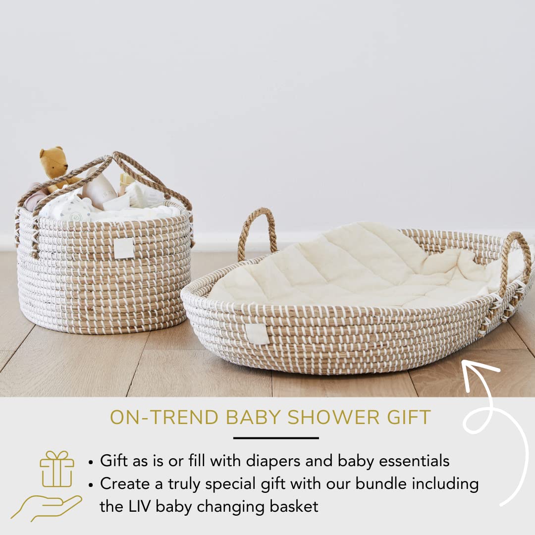 BEBE BASK Premium Baby Diaper Caddy Organizer - Handmade - Seagrass Basket With Cotton Divider - Award-Winning & Luxury Diaper Caddy Basket - White (NATURAL)