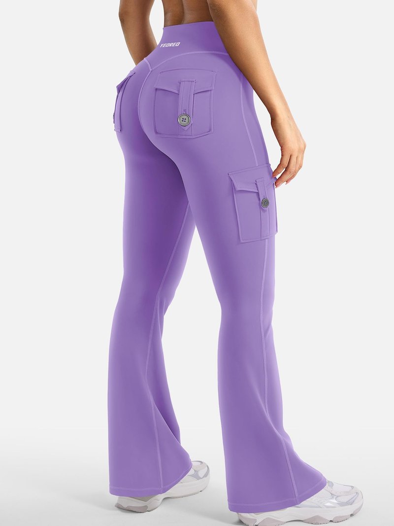 YEOREO CoreFlex Women Workout Flare Leggings with Pockets Hidden Scrunch High Waisted Cargo Gym Yoga No Front Seam Leggings Purple XL