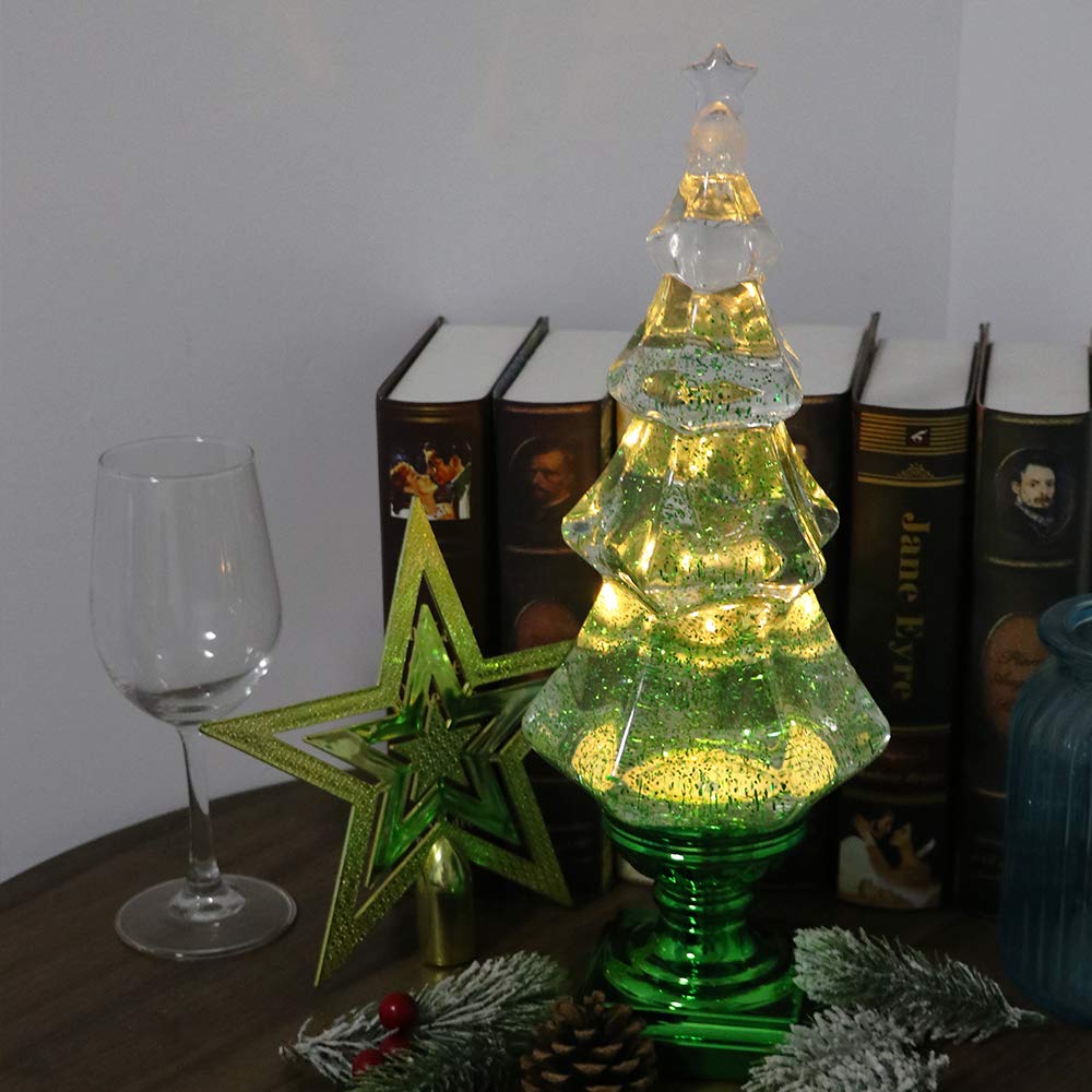 Eldnacele Musical 14" Light-up Christmas Tree Snow Globe Water Glittering Tree Clear Acrylic with USB Line and 6 Hours Timer for Home Decoration