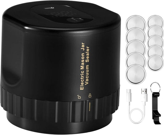 Mason Jar Vacuum Sealer - Electric Kit for Wide & Regular Mouth Canning Jars | Auto-Stop Function, Black