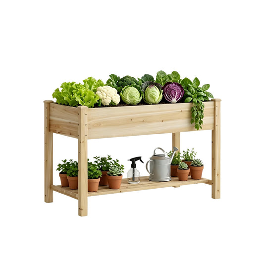 48x24x30.7 Wood Raised Garden Bed with Legs Wooden Planter Box with Storage Shelf Elevated Wood Planter Box for Vegetables Flowers Herbs Garden Planter for Backyard Patio Balcony (Natural, Medium)