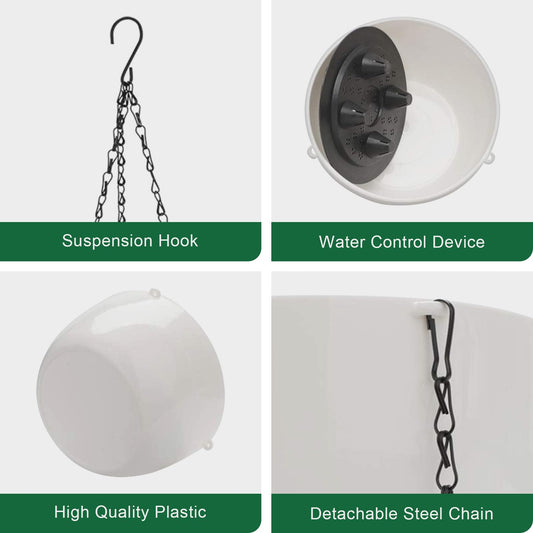 GROWNEER 2 Packs 9.4 Inches Plastic Hanging Planter Self Watering Basket with 6 Pcs Hooks, Hanging Flower Pot with Detachable Base for Garden Indoor Outdoor Home Decoration (White-9.4inch)