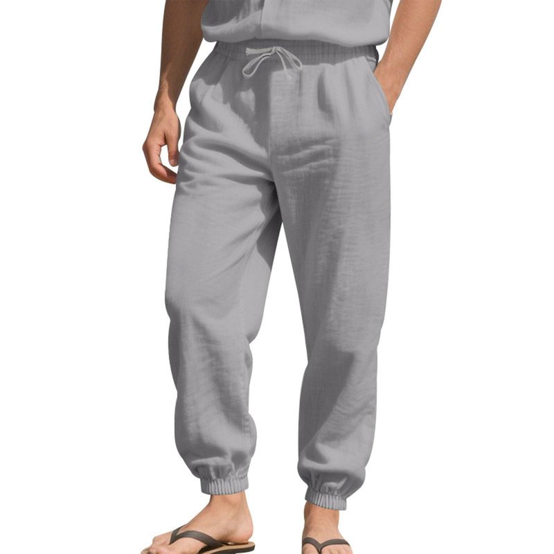 Gesoja Mens Lightweight Summer Casual Beach Straight Workout Linen Pants Elastic Waist Drawstring Jogger Pants with Pockets Gray M