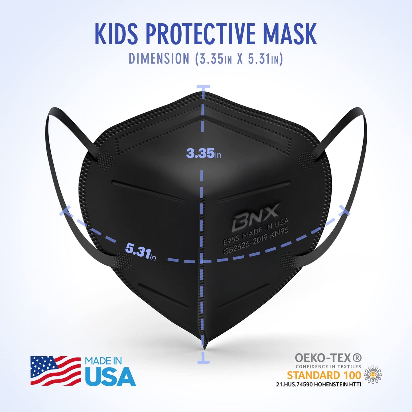 BNX 20-Pack Kids KN95 Face Mask, Disposable Particulate KN95 Mask Made in USA, Protection Against Dust, Pollen and Haze (20 Pack) (Earloop) (Model: E95S) Black