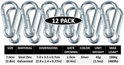 Branded Boards Black & Silver Zinc-Galvanized Heavy Duty Bushcraft Carabiner Spring Snap Clip Link Hooks 200-500lb Load 2, 6 & 12 Packs (Silver-7cm-12 Pack)