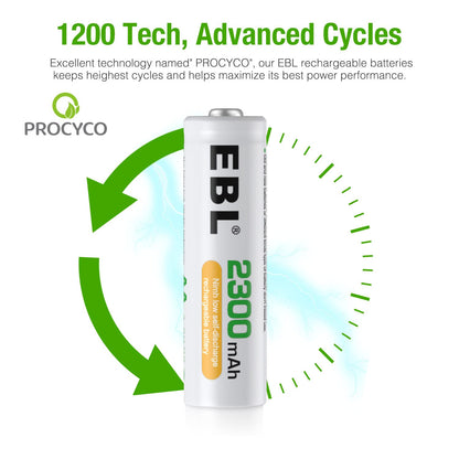 EBL Pack of 16 AA Batteries Rechargeable NiMH 2300mAh Everyday Battery