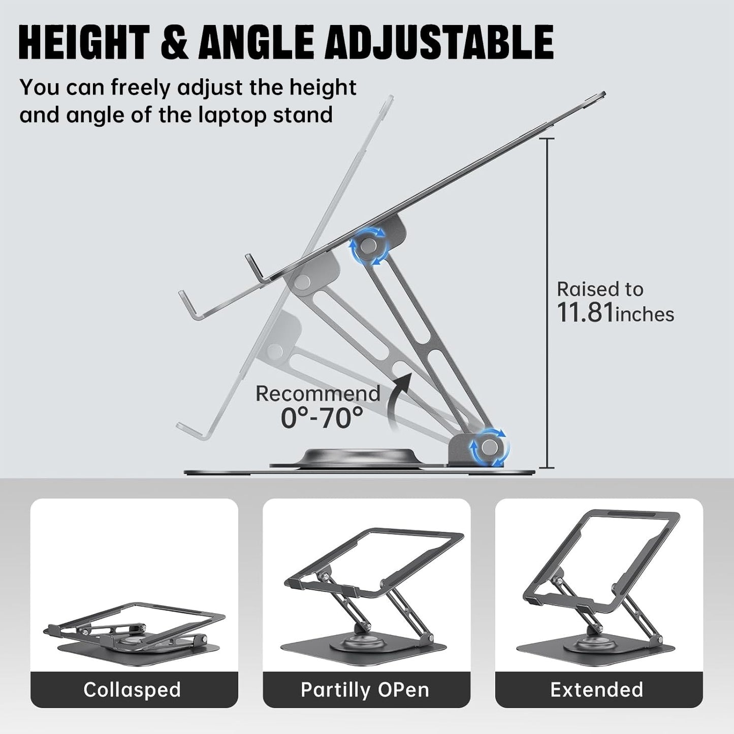 JOYEKY Laptop Stand for Desk, Adjustable Computer Stand with 360° Rotating Base, Ergonomic Laptop Riser for Collaborative Work, Foldable & Portable Laptop Stand, fits for All 10-16" Laptops
