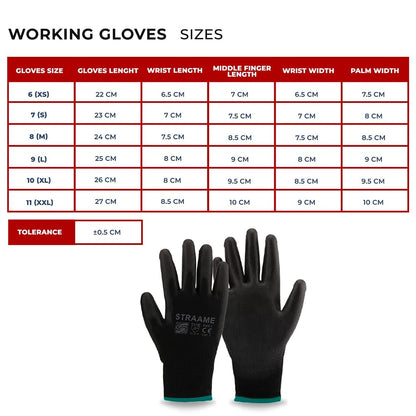Straame Pack of 12 or 24 Black Safety Work Gloves, Outdoors PU and Nylon Non-Slip Work Handling Gloves, Good Dexterity Firm Grip Protective Working Gloves Size (Pack of 12 Pair's, M)