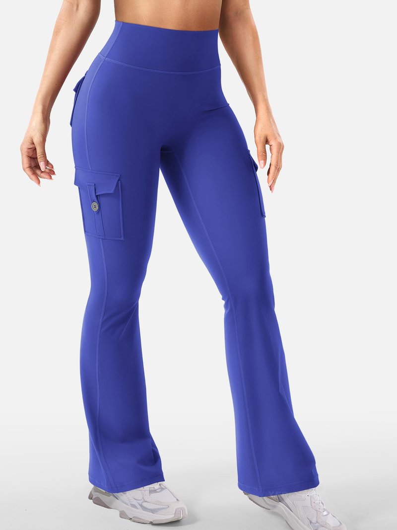 YEOREO CoreFlex Women Workout Flare Leggings with Pockets Hidden Scrunch High Waisted Cargo Gym Yoga No Front Seam Leggings 30" Inseam Dazzling Blue XXL