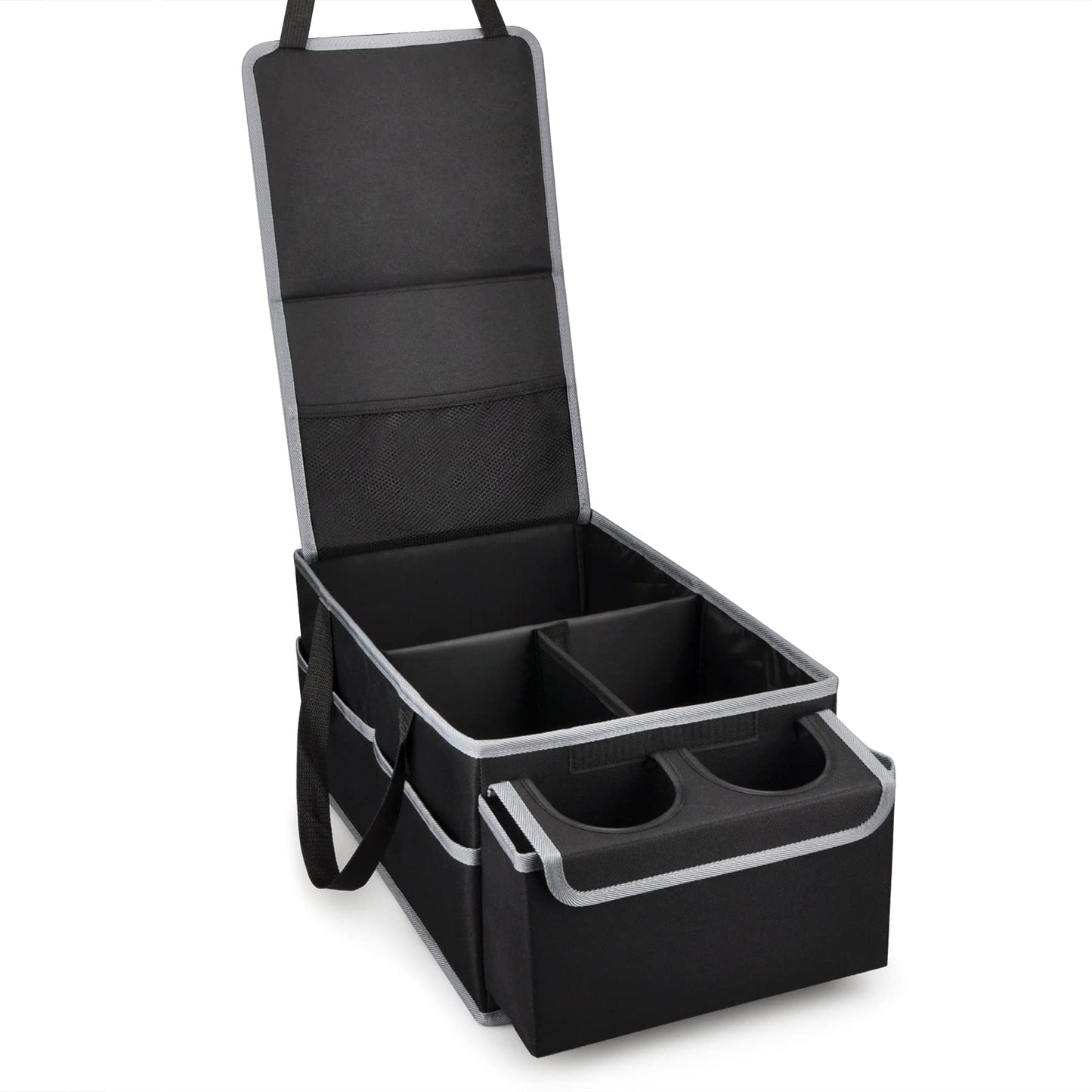 GUWINA Car Backseat Organiser, Multi Compartment Foldable Seat Organiser for Car Boot Front and Back Seats, with Lids and Straps Best for Clothes, Toys, Office Products (Black)