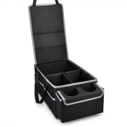 GUWINA Car Backseat Organiser, Multi Compartment Foldable Seat Organiser for Car Boot Front and Back Seats, with Lids and Straps Best for Clothes, Toys, Office Products (Black)